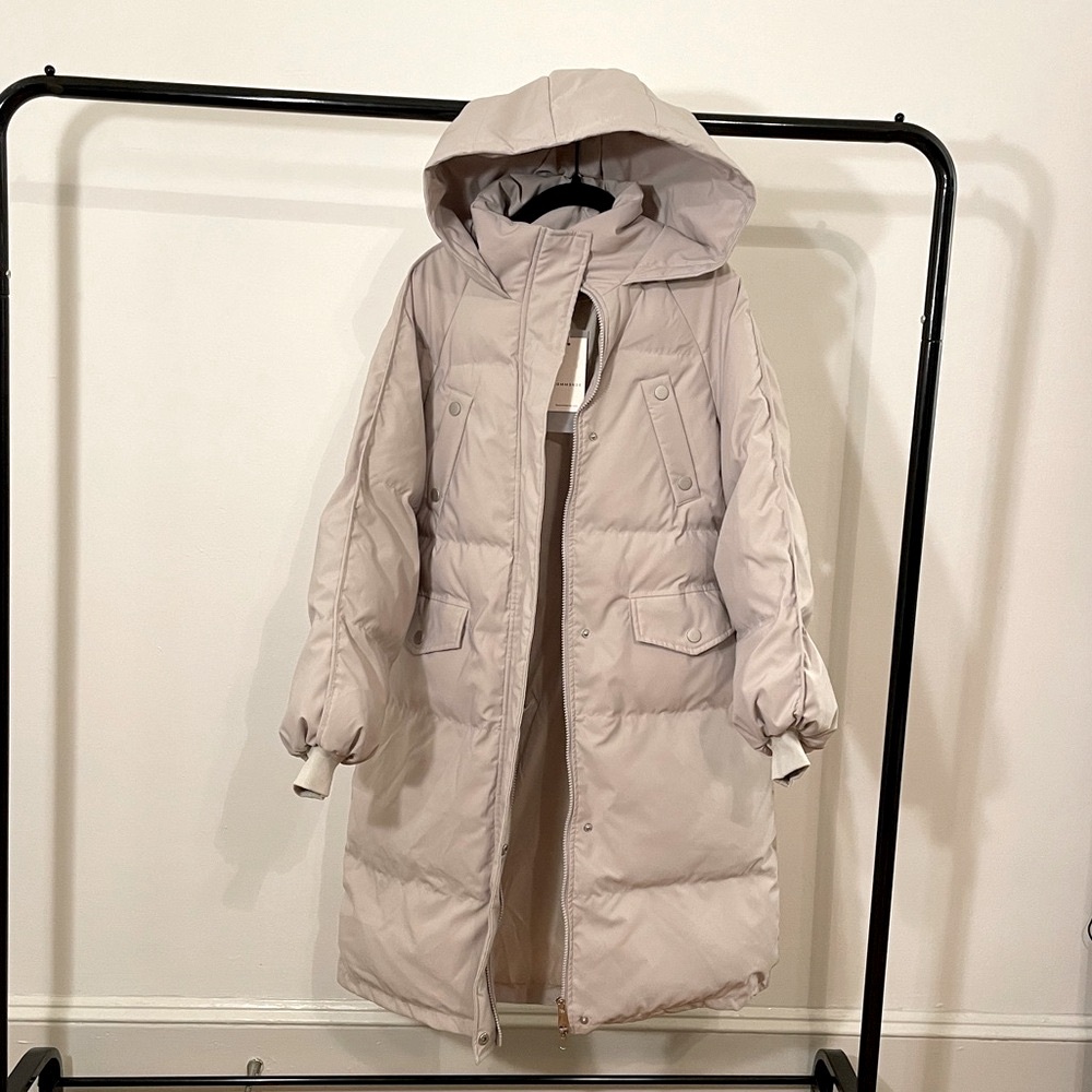 Commense Long Hooded Puffer Parka, Tan/Cream, Size S